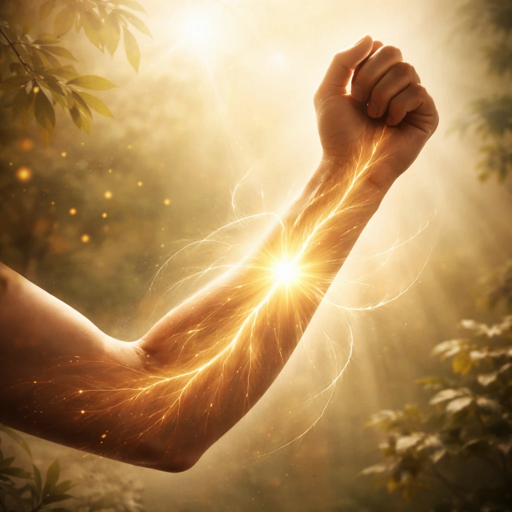 Ramię emanujące złotym światłem na tle lasu, symbolizujące przypływ naturalnej energii i wewnętrznej siły po zastosowaniu kropli LUNAYA Helios