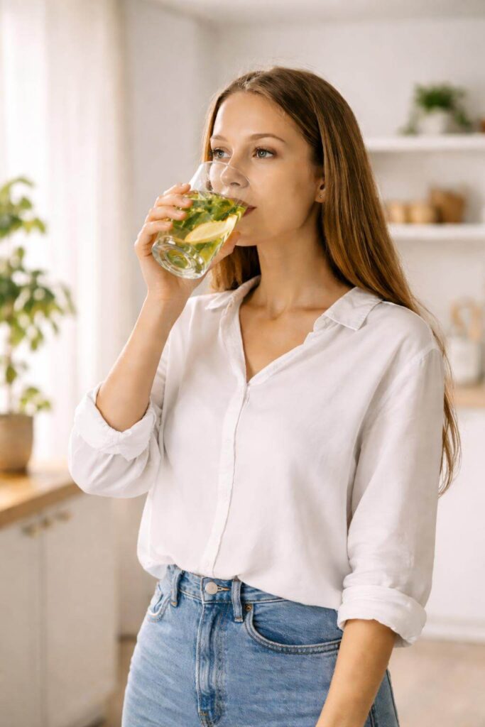Proces przyjmowania kropli LUNAYA Selene dla naturalnego wsparcia głębokiego snu i regeneracji nocnej.